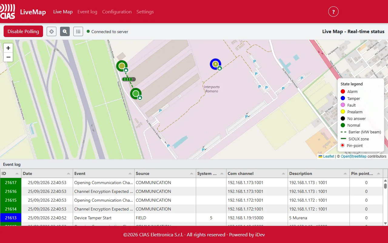 LiveMap: map of a logistics site with a microwave barrier in normal state (green beam) and a fence sensor in tamper (blue), the status legend and the event log below the map